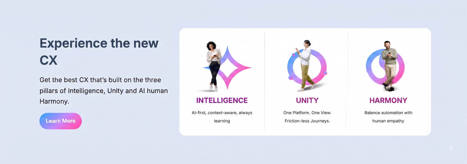Experience the new CX — get the best CX built on the three pillars of Intelligence, Unity and AI human Harmony.